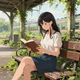 a beautiful girl sitting on a bench reading at a abandoned train station overgrown with vines and flowers digital anime painting. wlop, rossdraws, detailed anime illustration, details, detailed artowork