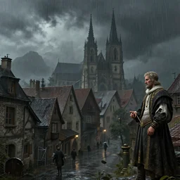 extreme long shot concept art depicted rainy old austrian town, dramatic mood, deep environment, art by legends of runeterra and michelangelo buonarotti, trending on artstation, unreal engine