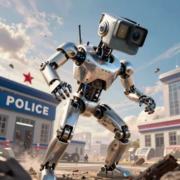 Gopro footage of a humanoid robot built by a cyberpunk god tearing apart a police station by Ridley Scott and Neil blomkamp