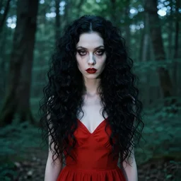 in the style of loish, artgerm, symmetrical face, evil dead demon, pretty alyson hannigan, evil dead demon, evil dead, loish, red dress, loish, symmetrical eyes, symmetrical eyes, long curly black hair, trees, symmetrical eyes, forest, evil dead, forest, cinematic lighting, evil dead, artgerm, loish