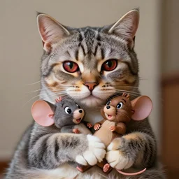 hyper realistic tom the cat clutching jerry the mouse, both looking directly at the camera with bloodshot eyes