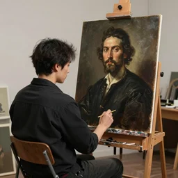 stablediffusion sitting at an easel painting a portrait of midjourney, masterpiece, dramatic lighting, painting by caravaggio and ruan jia and daytoner