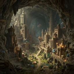 A highly detailed 4K fantasy matte painting of inside of a cave. With city in the walls. ArtStation, CGSociety, Unreal Engine