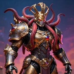 portrait of adeptus mechanicus, wearing tentacles crown, cinematic, intricate details, unreal engine 5, rule of three, vivid colors, dynamic lighting, by claude monet and marco bucci