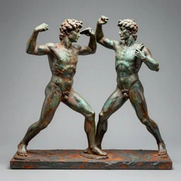 a beautiful bronze sculpture of a fighting scene beetwen david and goliath by christophe charbonnel, rust and plaster materials
