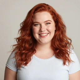 professional photo of a young happy plus-size redhead woman