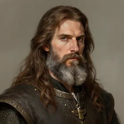 a medieval nobleman with a long face, long brown hair and a closely - trimmed beard which is beginning to go grey. character art.