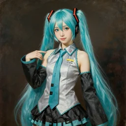 19th century painting, classical painting, romantic painting of hatsune miku, blue hair