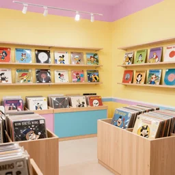inside of a record shop, 1960s saturday morning cartoon background, bright pastel colors