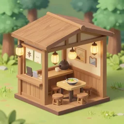 outside view of miniature classy wooden ramen shop, chinese lamps, table and stools, hayao miyazaki style, situated in the forests in studio ghibli's classic princess mononoke, clean, low poly art, detailed, isometric view, artstation, behance, global illumination, 3 d illustration, kawaii, pastel colors