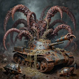 painting of varied filthy rugated yaw tendrils putrescent chrome noodles rusting battles in m 1 a 2 sep armored claws on mollusks panzers mucosal clustered high resolution, hyper detailed, cinematic, chaotic primordial horrors by vincente b ballestar 1 9 7 2 and 1 9 7 3, horror by francesco blanc, terror by enric torres 1