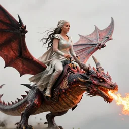 full-body photograph of Kim Kardashian as Daenerys Targaryen riding a dragon blowing a flame, dracarus, majestic lighting, XF IQ4, 150MP, 50mm, F1.4, ISO 200, 1/160s, natural light