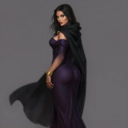 Fantasy portrait, Necromancer, female, alluring, beautiful face, dark garments, dark pruple robes, gold bracelet, Black cloak from neck to ankles, pin-up, shapely toned derriere, matte painting, by WLOP, artstation