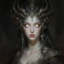 mid angle shot of a beautiful female creature by HP lovecraft , glowing eyes , intricate, elegant, highly detailed, centered, digital painting, artstation, concept art, smooth, sharp focus, illustration, artgerm, Tomasz Alen Kopera, Peter Mohrbacher donato giancola, Joseph Christian Leyendecker, WLOP, Boris Vallejo ,