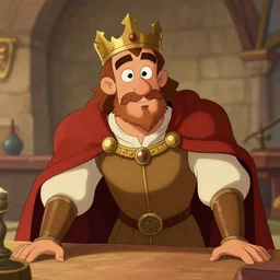 highly detailed, semi - realistic traditional cartoon contemporary digital illustration, colored contours, well shaded, portrait of king arthur leaning over a table