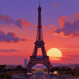 a beautiful illustration of the eiffel tower at sunset, art of alena aenami, featured on artstation, vertical orientation, paint brush strokes, expressionism, brushstroke - laden, breathtaking clouds, birds, ocean, beautiful stars, long exposure, gigantic sun, airy theme, red purple gradient, lens flare
