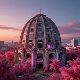 a beautiful photorealistic highly detailed domed city city abandoned building by adolf loos, sunset nature at dusk infrared neon signs rainforest retrowave, archdaily, wallpaper, highly detailed, trending on artstation.
