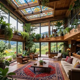 interior of a modern ecopunk frank lloyd wright shotgun house mansion in the mountain valley of colorado, lots of plants and stained glass ceilings and persian rugs