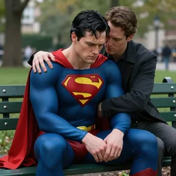 a highly detailed matte portrait superman comforting a depressed keanu reeves on a park bench, art by artgerm and greg rutkowski and alphonse mucha, volumetric lighting, octane render, 4 k resolution, trending on artstation, masterpiece