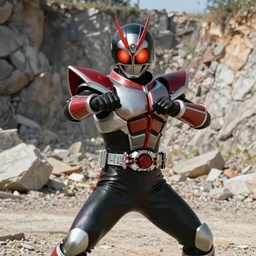 High Fantasy Kamen Rider, 4k, rock quarry location, vibrant colors, daytime, action scene, glowing eyes, ultra realistic, intricate armor