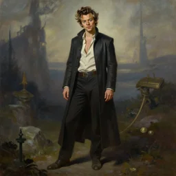 a full body high detail fantasy portrait oil painting illustration of harry styles as elegant male bard by justin sweet with face and body clearly visible, in a scenic background, pupils visible, realistic proportions, d & d, rpg, forgotten realms, artstation trending, high quality, sombre mood, artstation trending, muted colours, entire person visible!