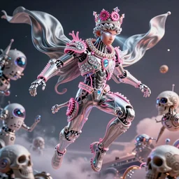 full-body rococo and cyberpunk style neon statue of a young attractive Brasileiro macho android gostoso e dotado falling from the sky, glowing white laser eyes, prince crown of pink gears, diamonds, swirling silver-colored silk fabric. futuristic elements. full-length view. space robots. human skulls. intricate artwork by caravaggio. Trending on artstation, octane render, cinematic lighting from the right, hyper realism, octane render, 8k, depth of field, 3D