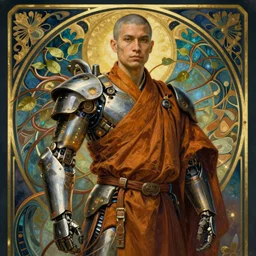 realistic detailed portrait of a male! mecha cyberpunk! monk! by alphonse mucha and charlie bowater and art germ, rule of thirds, golden ratio, art nouveau! cyberpunk! style, mechanical accents!, mecha plate armor, glowing leds, flowing wires with leaves, art nouveau accents, art nouveau patterns and geometry, rich deep moody colors