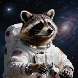 a raccoon astronaut gazing in wonder at the universe