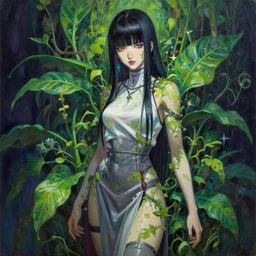 the cyberpunk priestess overgrown by plants. this oil painting by the award - winning mangaka has interesting color contrasts, plenty of details and impeccable lighting.