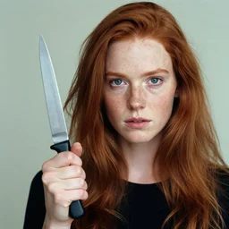 photograph of a girl holding a knife taken by annie leibovitz, red hair, freckles