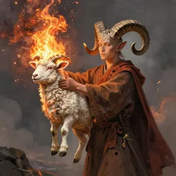 ram horned catholic monk like half-lamb brings fire down from the sky, medieval style, trending on artstation, highly detailed, digital painting, volumetric light, concept art, sharp focus, illustration,  art by greg rutkowski and alphonse mucha