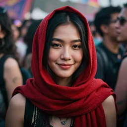 a ultra high resolution close - up of a beautiful young thai woman standing in crowd of psytrance music festival, looking down at the camera. her face is partially obscured by a red scarf, and she has a smiling expression. the light is dim, and the colours are muted. kodak etkar 1 0 0