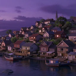 a hyper detailed hyper realistic 3 - d rendering of quaint fishing village, evening purple sky, studio ghibli, octane render, 8 k, dramatic lighting