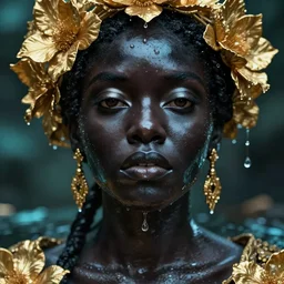 hyperrealistic neo - classical cinematic very expressive! black oshun goddess, open eyes, body in water, mirror dripping droplet!, gold elegant flowers, highly detailed face, digital art masterpiece, smooth eric zener cam de leon dramatic pearlescent teal light, ground angle uhd 8 k, sharp focus