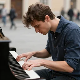 handless handsome brown hair man playing the piano in public, photorealist, canon, award - winning, emotional
