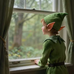 an elf staring at the window looking at the trees outside, 8 k, ultra _ realistic, art by alan lee