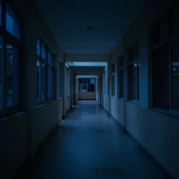 a school corridor at night, night time, after hours, low light, blue, color
