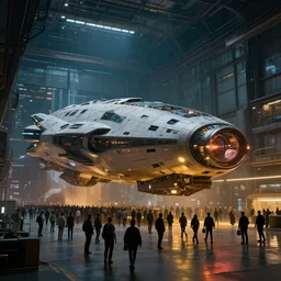 huge transportation spacecraft in a massive modern hangar with masses of people getting in, cyberpunk, moody, luminescent, rule of thirds, golden ratio, ambient lighting, syd mead, greg rutkowski, wlop, artgerm, artstation, highly detailed masterpiece