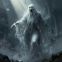 a roaring ghost, scary, tall, pale - skinned, illustration, cinematic lighting, 8 k, d & d, frostbite 3 engine, dof, artstation, intricate, digital art, crepuscular ray, art by anne stokes, greg rutkowski, alexandros pyromallis