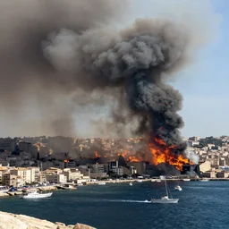 tornado destroy marseille, fire, ashes and smoke columns, boats on the sea, hyperdetailed, artstation, cgsociety, 8 k