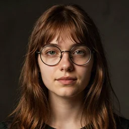 portrait of a young white woman, brown hair and bangs, a slightly big nose, slightly big buy soft jaw, round glasses
