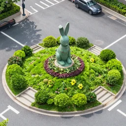 a photo of a greenery intersection, with a statue of rabbit on the middle, 4k