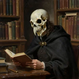 a man with a bird - skull face mask wearing a cloak while studying in a magical library, oil painting, highly detailed, realism,