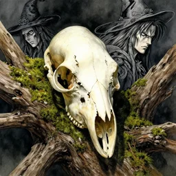 portrait, bird skull, moss, driftwood, witches, watercolor, dramatic lighting, cinematic, establishing shot, extremely high detail, foto realistic, cinematic lighting, pen and ink, intricate line drawings, by Yoshitaka Amano, Ruan Jia, Kentaro Miura, Artgerm, post processed, concept art, artstation, matte painting, style by eddie mendoza, raphael lacoste, alex ross