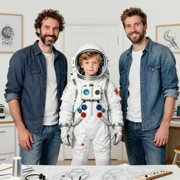 Sergio Bleda and Jérémy Petiqueux and Alex Maleev color sketch of a boy super scientist in a retro home made astronaut suit