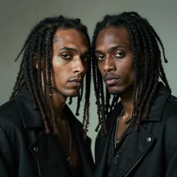 hyperrealistic hyper detailed neo - surreal 8 5 mm portrait of two black goth male wikiing's with dreadlocks matte painting concept art hannah yata dali very dramatic soft light low side angle shot hd 8 k sharp shallow depth of field