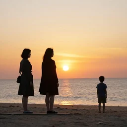 women, men and a boy on the beach, sunset, banksy