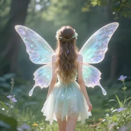 only one magical fairy with wings, back view, magical environment, lovely