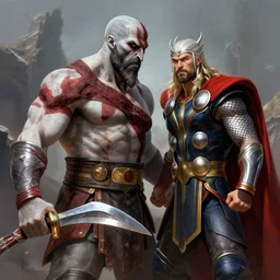 kratos fighting thor, highly detailed, digital painting, artstation, concept art, smooth, sharp focus, illustration, unreal engine, 8 k, art by artgerm and greg rutkowski and edgar maxence