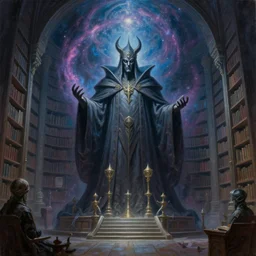 a beautiful painting of a large warlock shrine shrouded by mystic nebula magic in an endless temple library by moebius and android jones, oil on canvas sharp, details, hyper - detailed, hd, hdr, 4 k, 8 k